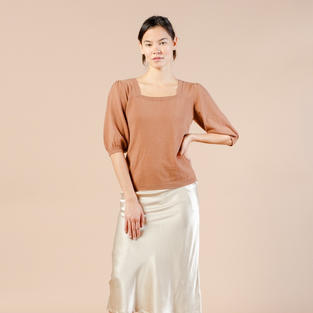 Puff Sleeve Cashmere Sweater w Silk Bow - Picture 3 of 11